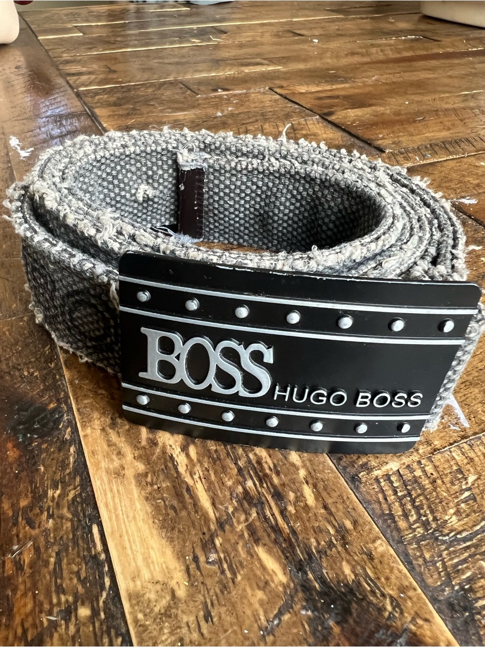 Hugo Boss Grey Woven Belt with Black Logo Buckle